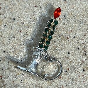 Vintage Dodds Christmas Candle Brooch Green Orange Rhinestones Silver Tone